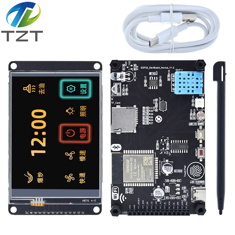 TZT ESP32 Development Board With 3.2 Inch 240x320 Multi-Touch LCD Screen CH340 Built-In Bluetooth Wifi Temperature Humidity Sensor