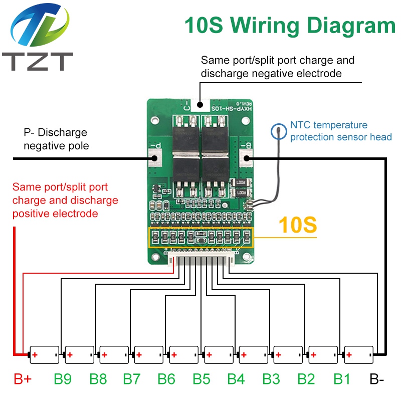 TZT 10S 42V 15A BMS Polymer Cell 18650 Lithium Battery Protection Board With Balance Built-in NTC Temperature Control