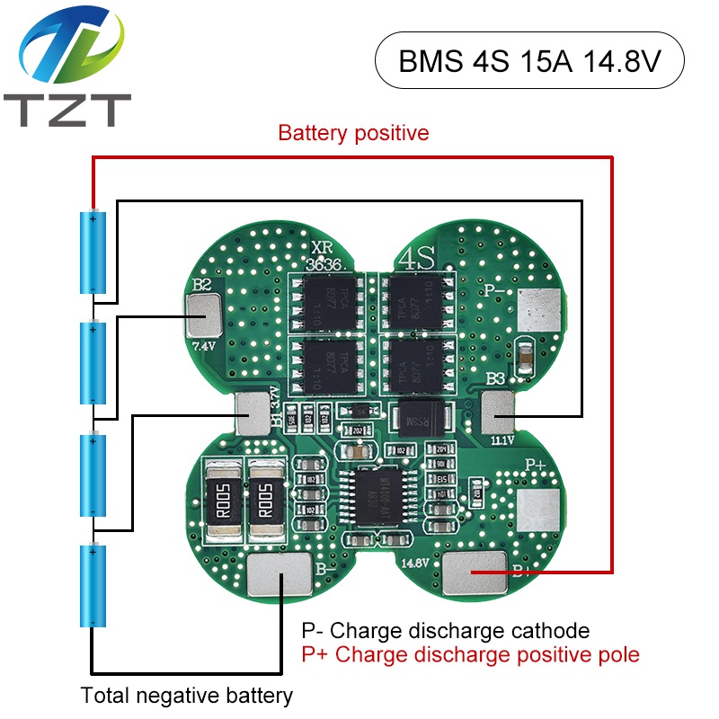 TZT BMS 4S 15A 14.8V 18650 Li-ion Lithium Battery Charge Board  With Overcurrent / Temperature Protection For Electric Tools