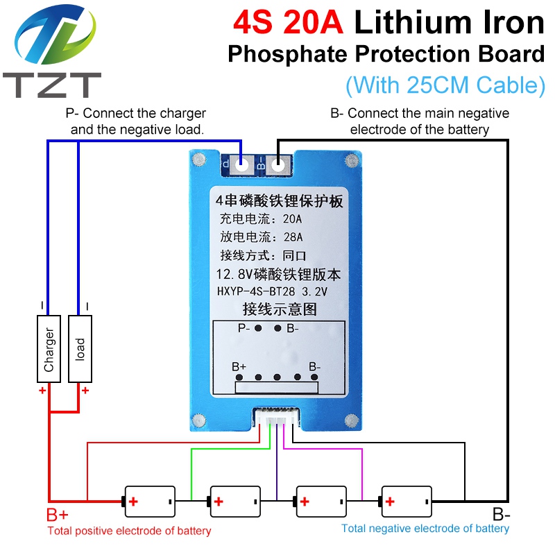 TZT BMS 4S 12.8V 14.4V 28A Lifepo4 Battery Charging Board Short Circuit Protection With Balance / Temperature Protection