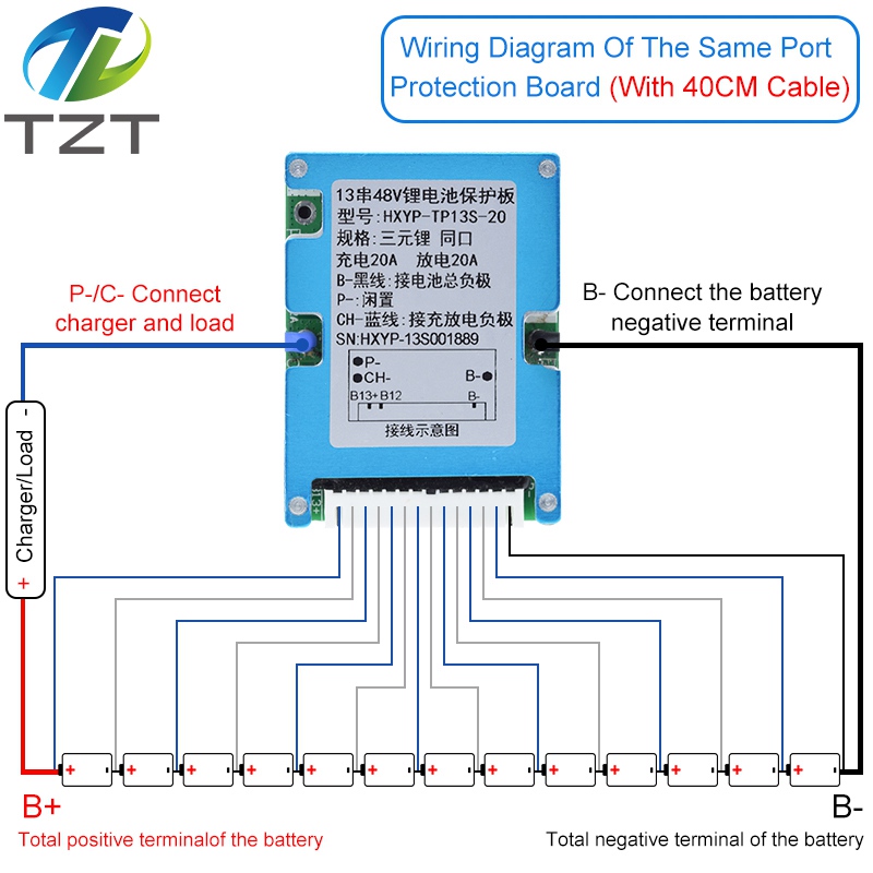 TZT BMS 13S 48V 20A Lmo Ternary Li-ion Lithium 18650 Battery Charge Protection Board With Heat Sink Common Port 2-in-1