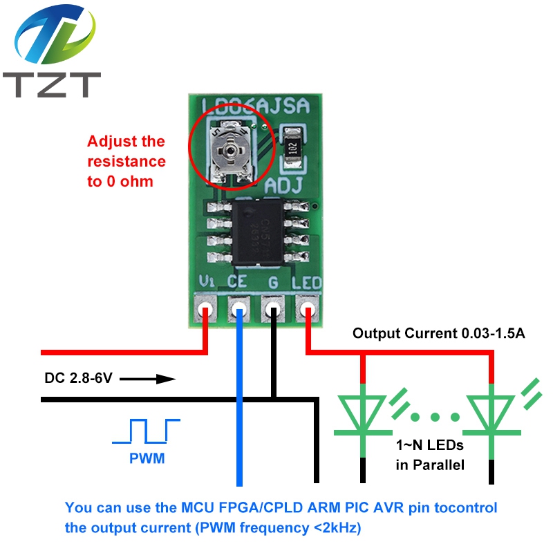 TZT 30-1500MA Adjustable Constant Current LED Driver DC 3.3V 3.7V 4.2V 5V PWM Control Board Buck Power module