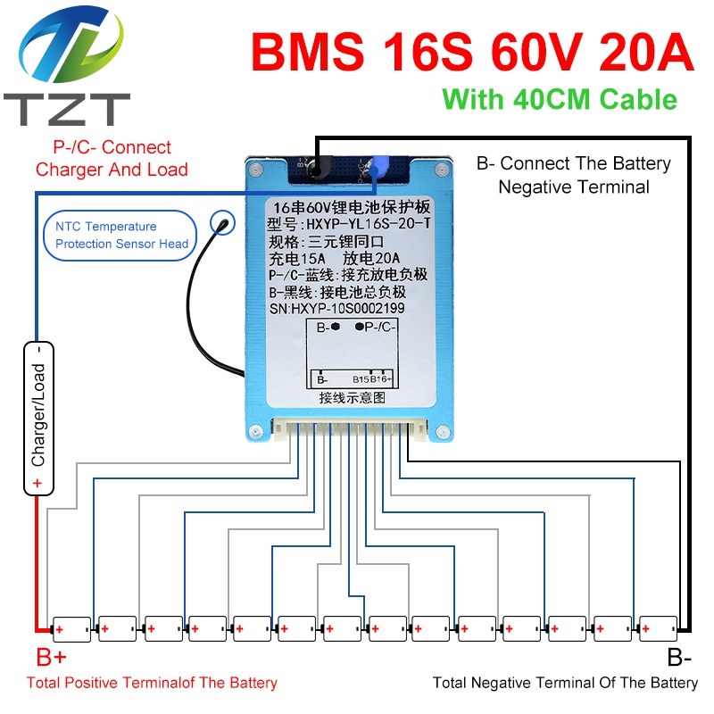 TZT BMS 16S 60V 20A Lmo Ternary Li-ion Lithium 18650 Battery Charge Protection Board With Heat Sink With Temperature Control