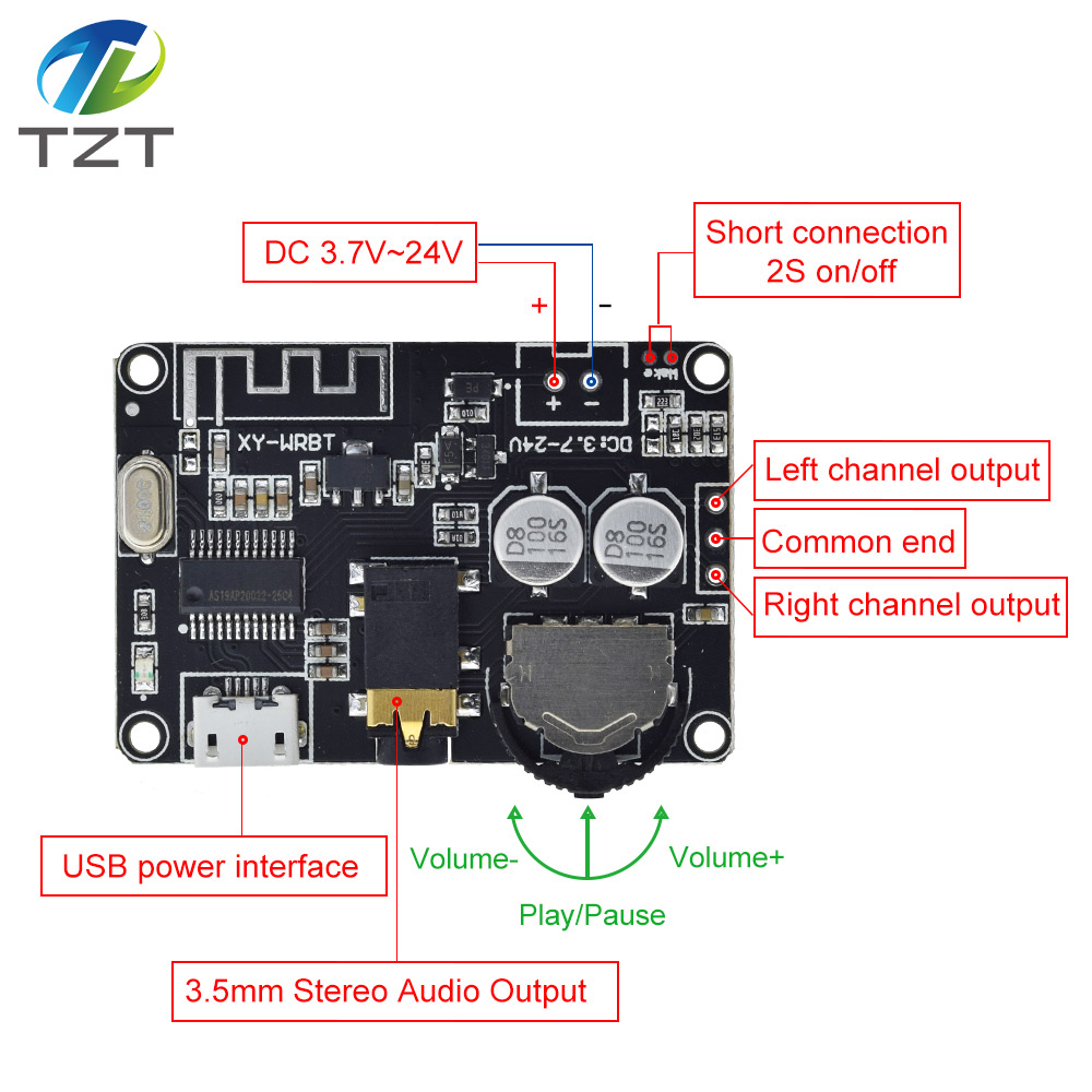TZT 5W+5W PAM8406 Bluetooth 5.0 DC3.7-5V stereo audio power amplifier module  XY-P5W for Arduino diy kit