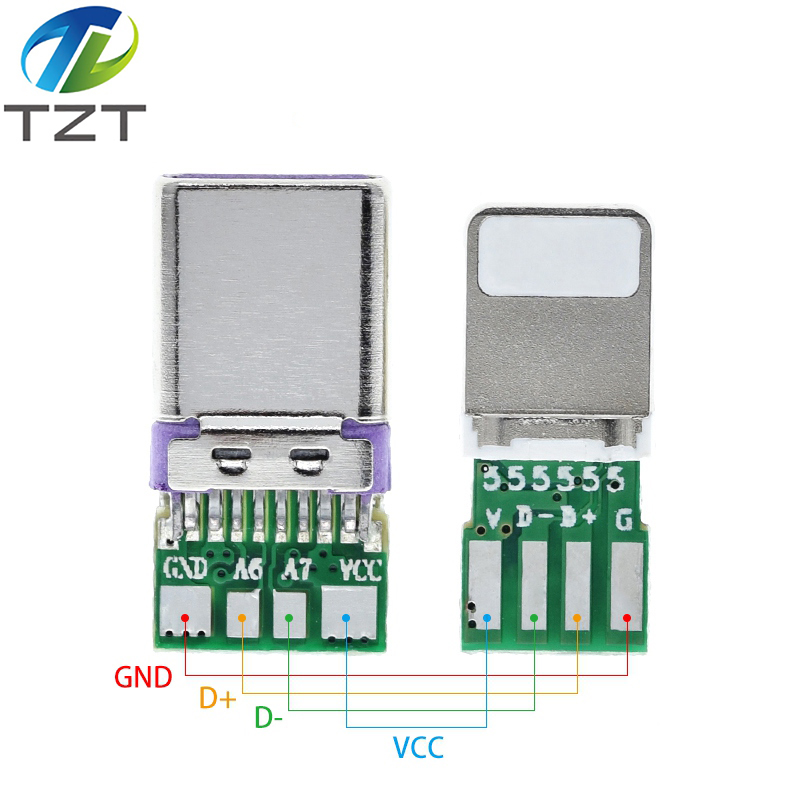 TZT DC5V 2.5A Type-C Male USB Connector With 4Pin PCB To Lightning 8Pin USB With 4Pin PCB For Apple Iphone Data Charge Cable DIY KIT