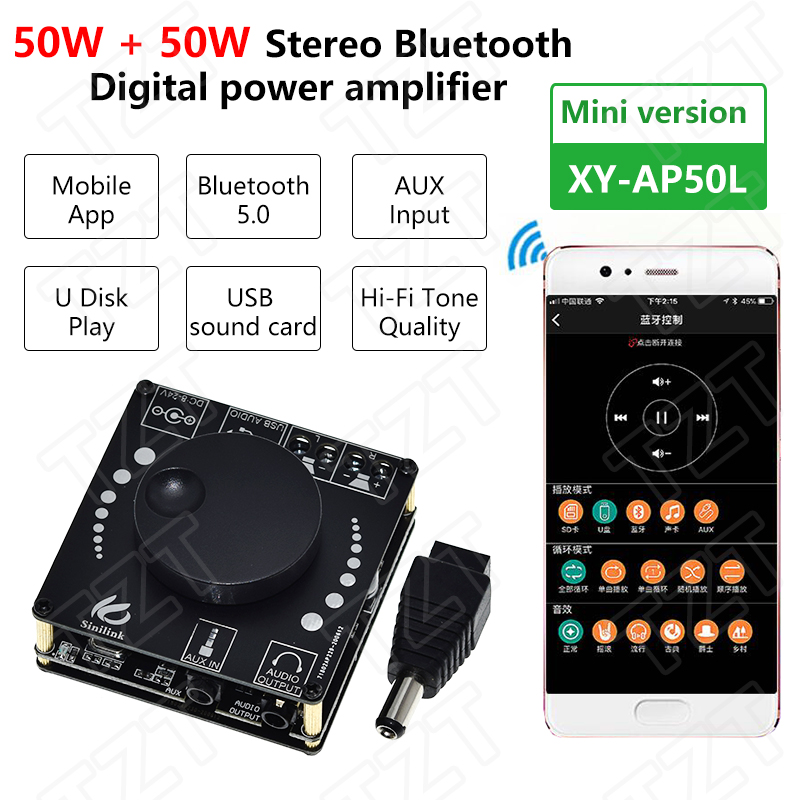 TZT Sinilink 40W/50W Stereo Bluetooth 5.0 Power Amplifier Board WIFI Mobile Control APP 12V/24V High Power Digital Amplifier Module
