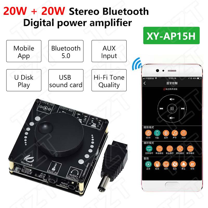 TZT Sinilink Bluetooth 5.0 10W/15W/20W Stereo Power Amplifier Board Mobile Control APP 12V/24V High Power Digital Amplifier Module