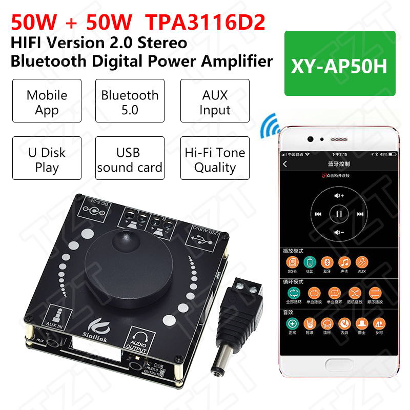 TZT 2*50W Bluetooth 5.0 Speaker Class D Audio Power Amplifier 30W~200W HiFi Stereo Mini USB Music Sound Card App Digital AMP