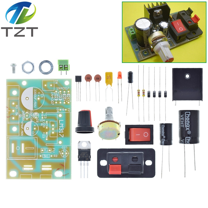 TZT LM317 DIY Kit Step Down Power Supply Module Adjustable Voltage Regulator Switch Resettable Fuse Electrolytic Capacitor Board