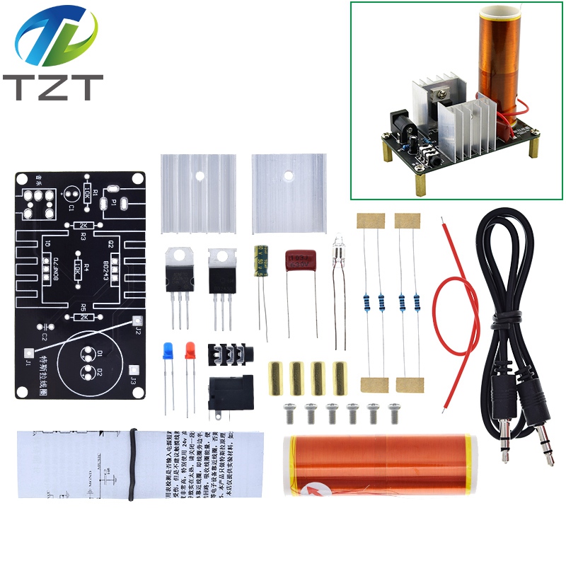 TZT 1 Set Mini Tesla Coil Kit 15W Mini Music Tesla Coil Plasma Speaker Tesla Wireless Transmission DC 15-24V DIY Kits