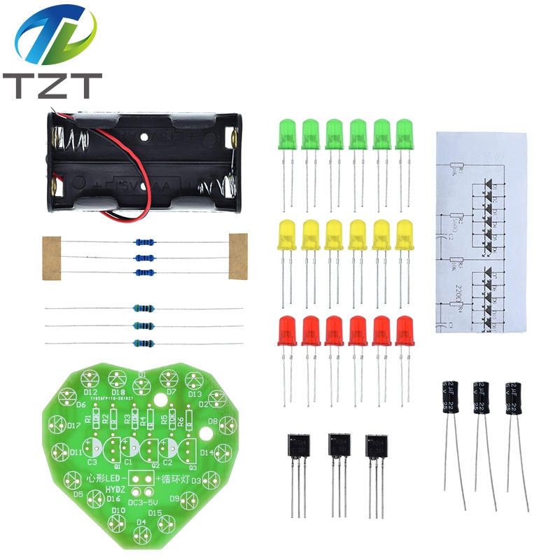 TZT Red Yellow Green heart-shaped LED circulating lamp parts electronic production flashlight DIY kit Student Electronic Laboratory
