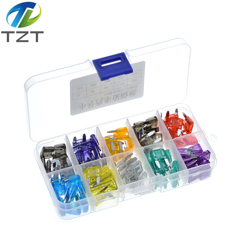 TZT 100pcs/lot Car Auto Medium Size Standard Blade Fuse Box Plastic Box Assortment with 2A 3A 5A 7.5A 10A 15A 20A 25A 30A 35A Fuses