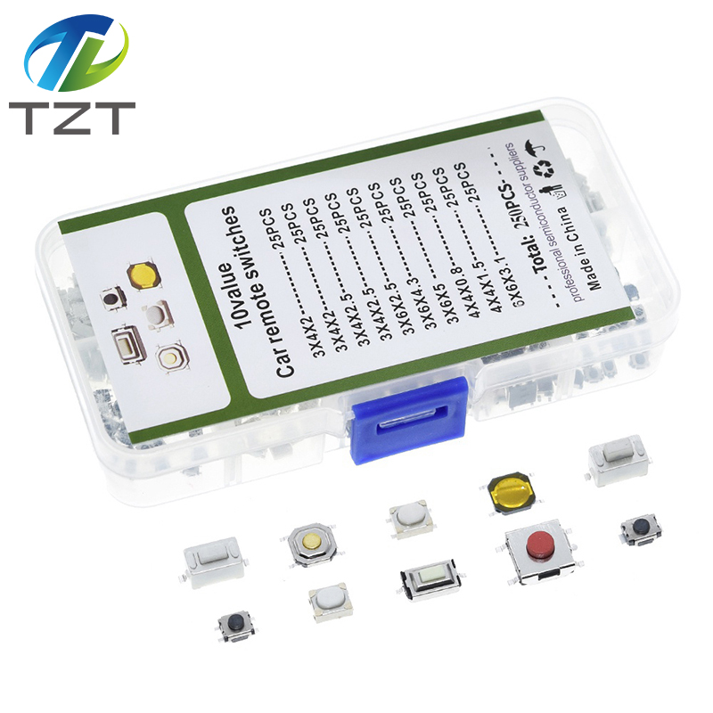 TZT 250Pcs 10-Types Tactile Push Button Switch Car Remote Control Keys Button Touch Microswitch
