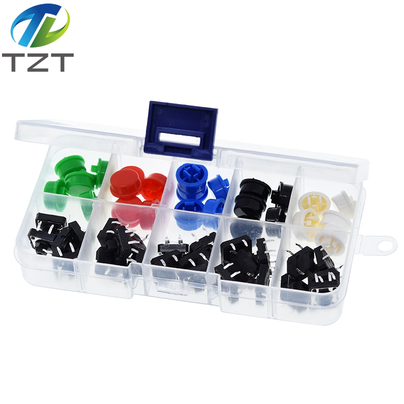 TZT 25PCS Tactile Push Button Switch Momentary 12*12*7.3MM Micro switch button + 25PCS Tact Cap(5 colors) for Arduino with Case