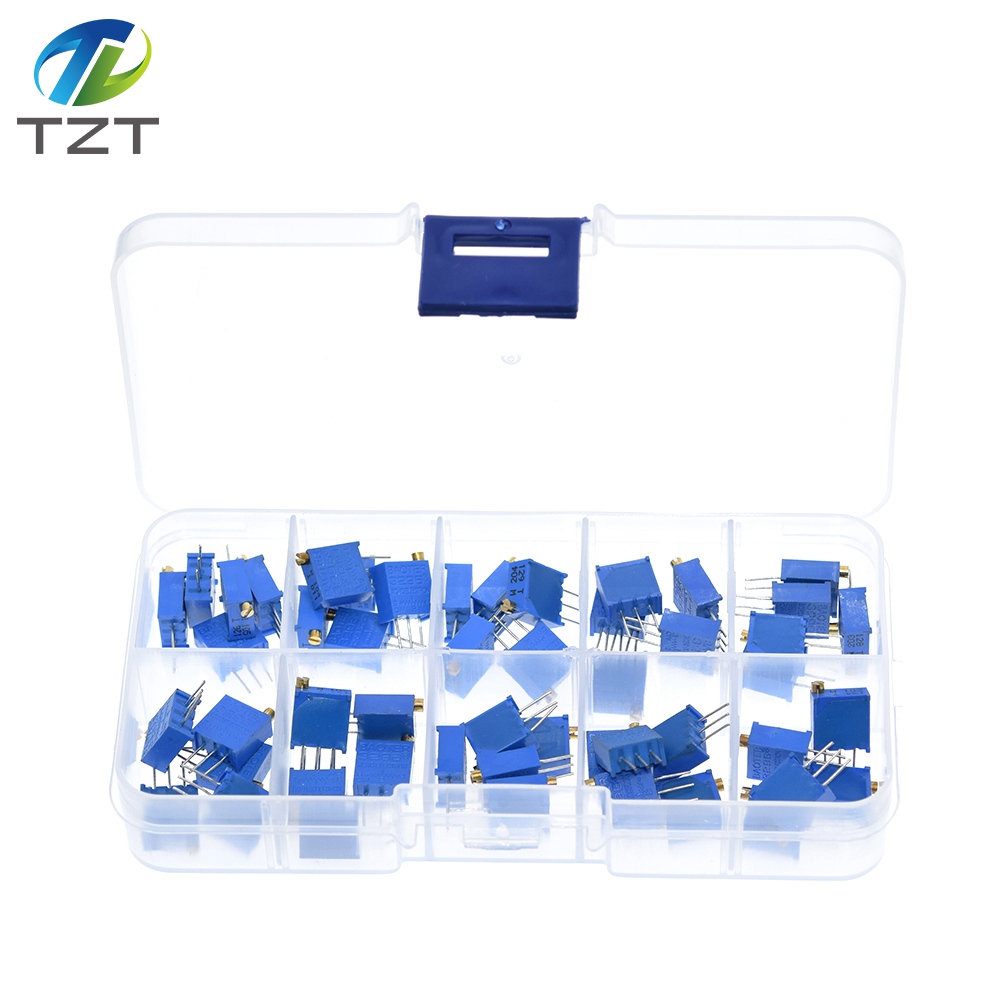 TZT 50Pcs 3296W Multiturn Trimmer Potentiometer Kit High Precision 3296 Variable Resistor 500R 1K 2K 5K 10K 20K 50K 100K 200K 1M