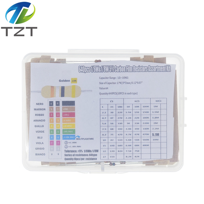 TZT 1/8W 5% 640pcs 64 Values 1R - 10MR 0.125W Carbon Film Resistor Assorted Kit Set