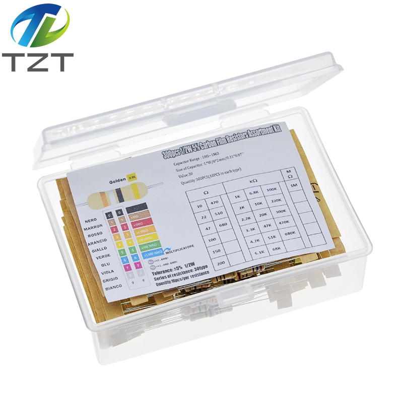 TZT Hot Sale 300pcs 30value Rang 10ohm-1Mohm 1/2W 5% Carbon Film Metal Resistors Assortment Kit Set NEW 30 Values Resistor