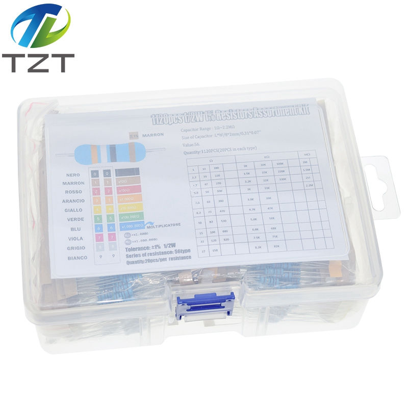 TZT 1120Pcs 1/2W 0.5W 1% 1-2.2M Ohm 56Values Metal Film Resistor 0.5W Resistance Assorted Kit Set For Arduino