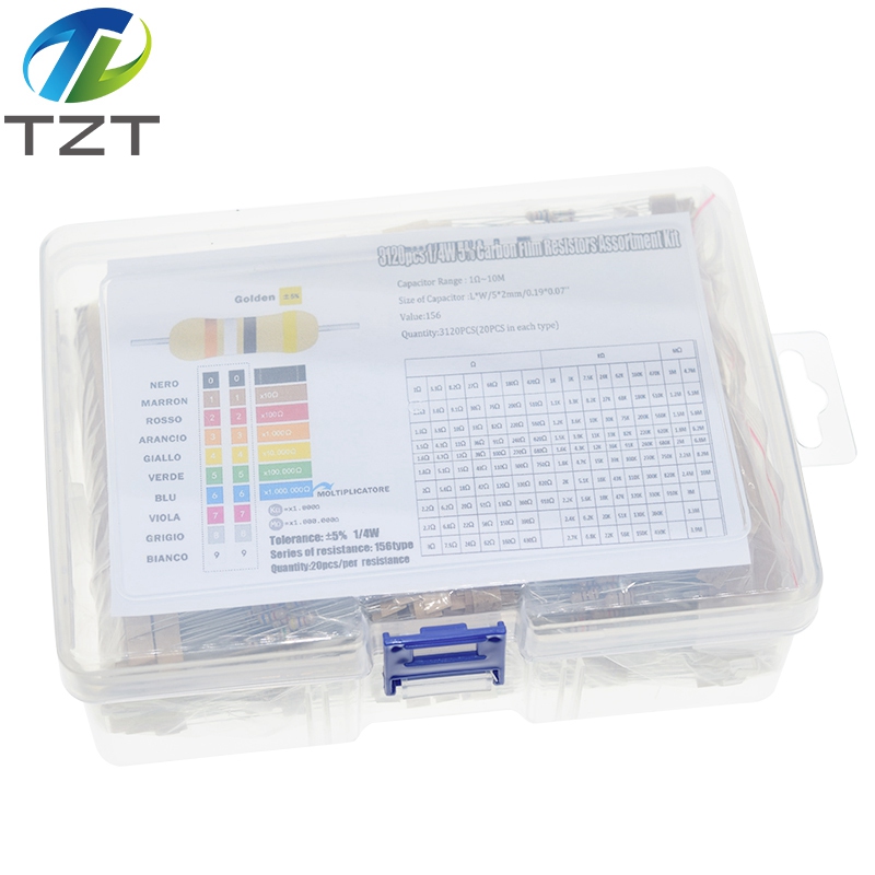 TZT 3120pcs 156 Values 1 -10M Ohm 1/4W 5% Carbon Film Resistors Assortment Kit Electronic Components