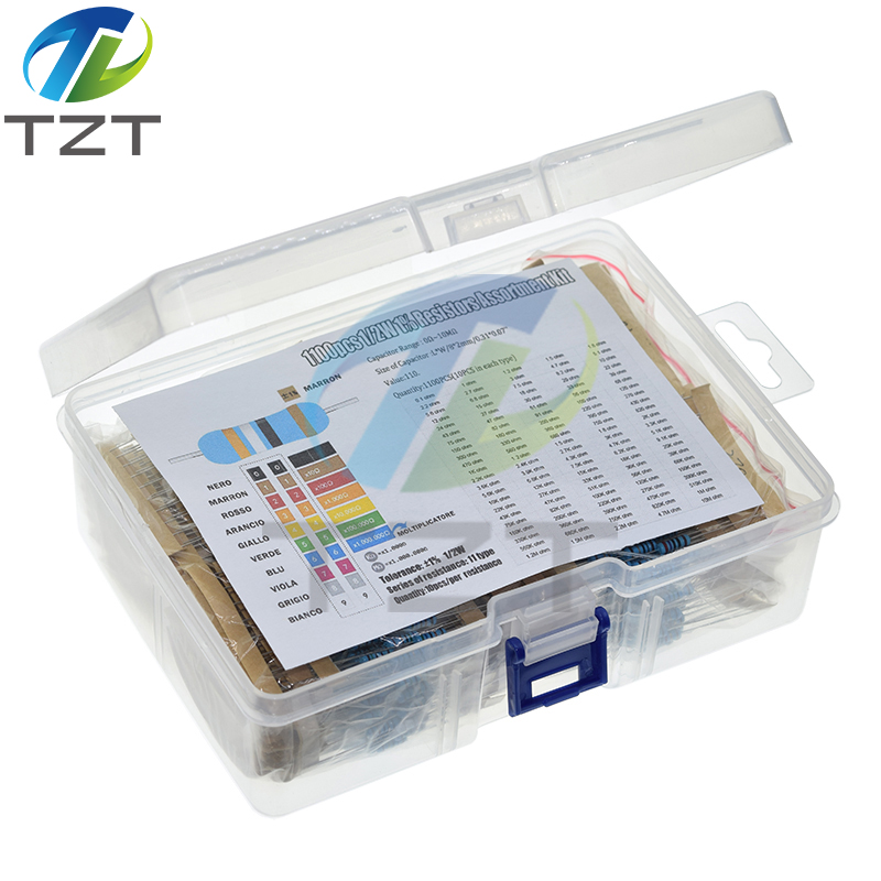 TZT 1100pcs 1/2W Metal Film Resistor Kit 1% 0.1 ohm - 2.2M 110 ValuesX10pcs 0.5W Resistance Set Assortment Pack