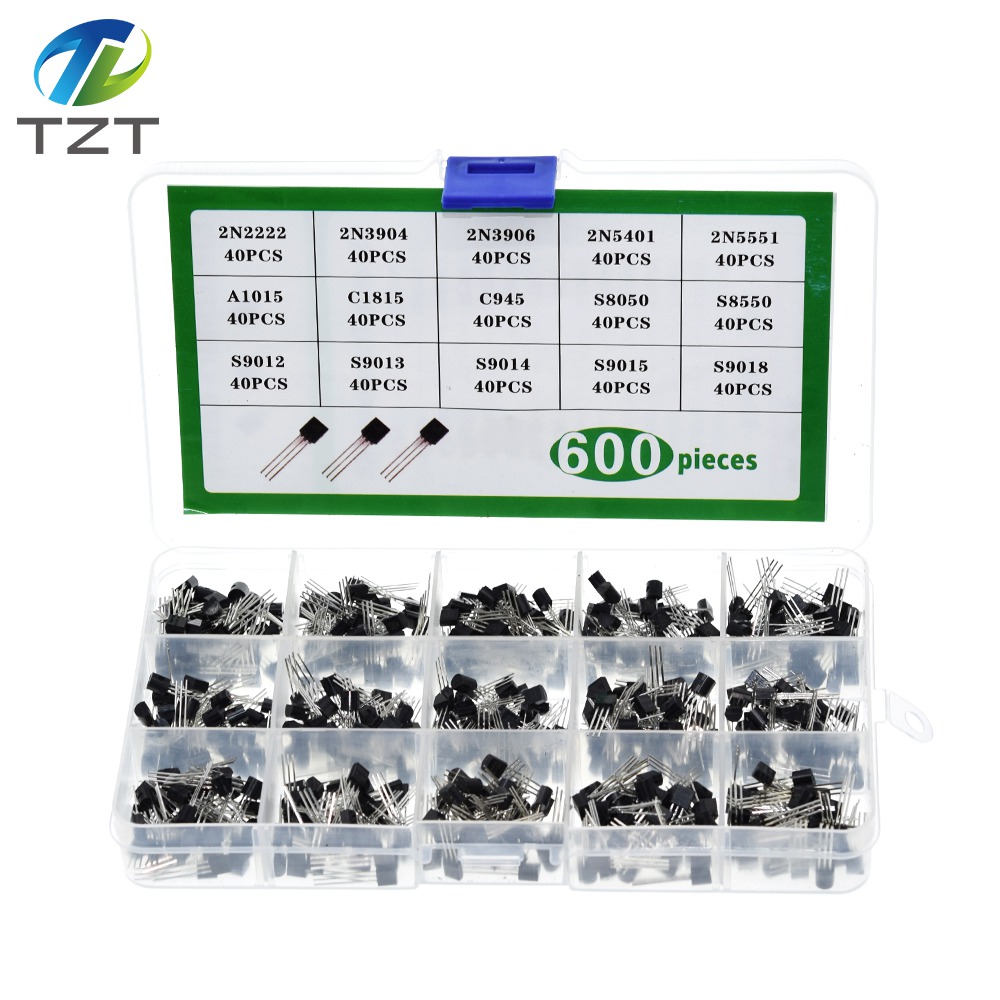 TZT 15 value 600pcs Transistor TO-92 Box Kit 2N2222 A1015 C945 C1815 S8050 S8550 S9012 S9013 S9014 S9015 2N3904 2N3906 2N5401