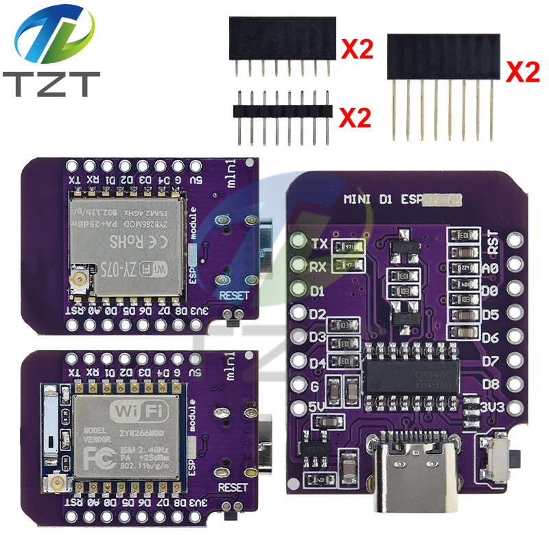 TZT D1 Mini TYPE-C ESP8266 ESP-07/07S CH340G USB D1 Mini WIFI Development Board D1 Mini NodeMCU Lua IOT Board 3.3V With Pins