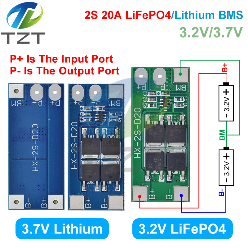 TZT 2S 6.4V 7.4V 20A LiFePO4 / Lithium 18650 32650 Battery Charge Protection Board 13A working Current  20A Current-limiting