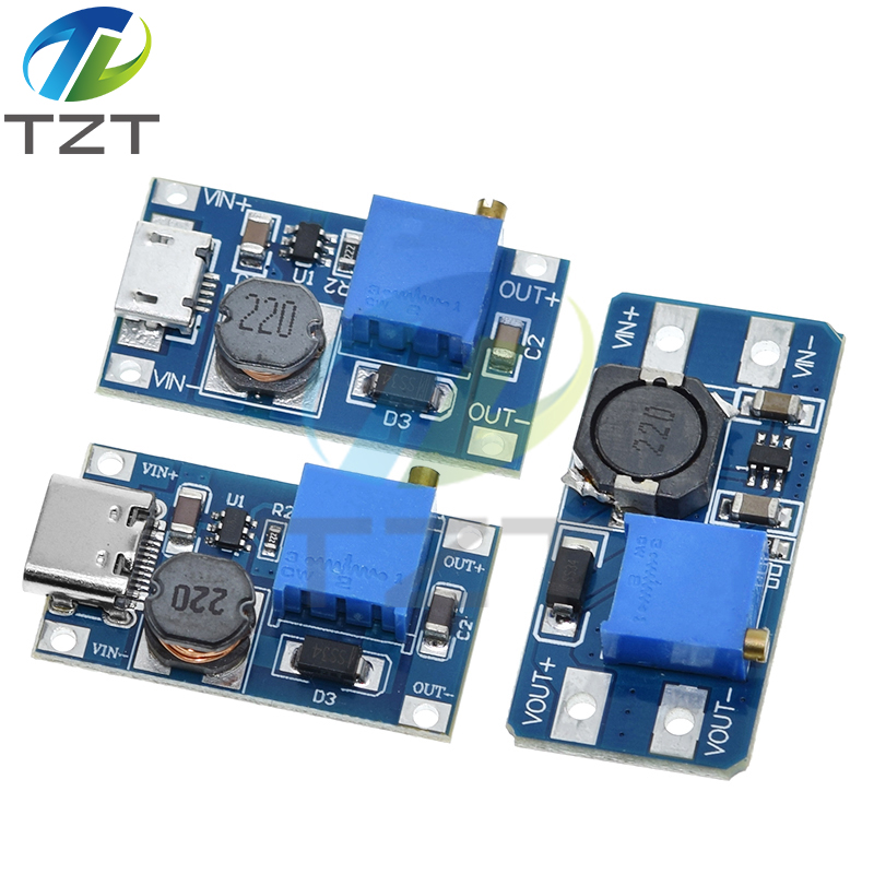 TZT MT3608 DC-DC Adjustable Boost Module 2A Boost Plate Step Up Module with/without MICRO USB 2V-24V to 5V 9V 12V 28V