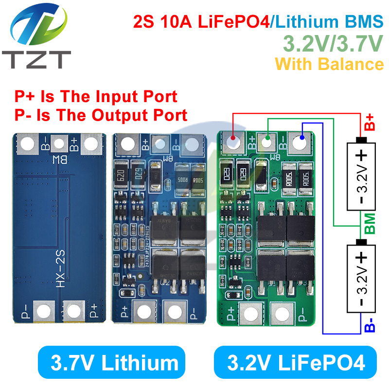 TZT BMS 2S 3.2V 3.7V 10A LiFePO4 / Lithium Battery Charge Protection Board 6.4V 7.2V 18650 32650 Battery Packs With Balance