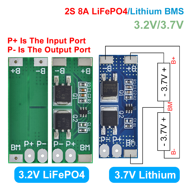 TZT BMS 2S 3.2V 3.7V 8A LiFePO4 / Lithium Battery Charge Protection Board 15A Peak Current  6.4V 7.2V 18650 32650 Battery Packs