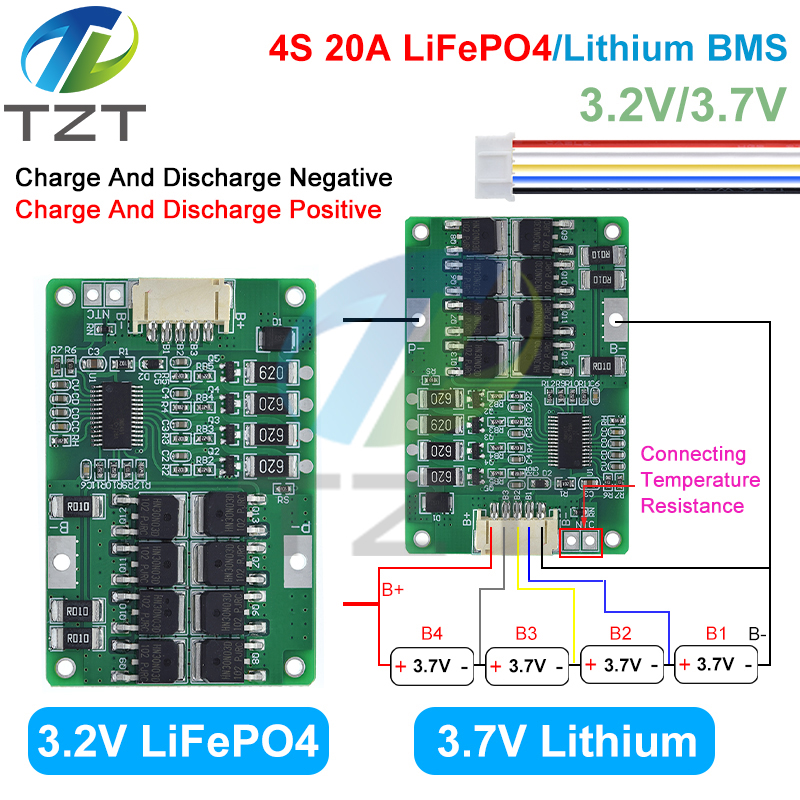 TZT BMS 4S 20A 3.2V 3.7V LiFePO4 / Lithium Battery Charge Protection Board 12.8V 14.4V 18650 32650 Battery Packs With Balanced