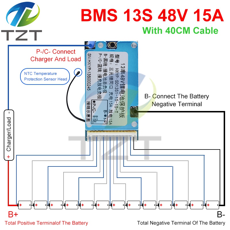 TZT BMS 13S 48V 15A Lmo Ternary Li-ion Lithium 18650 Battery Charge Protection Board With Heat Sink Common Temperature Control