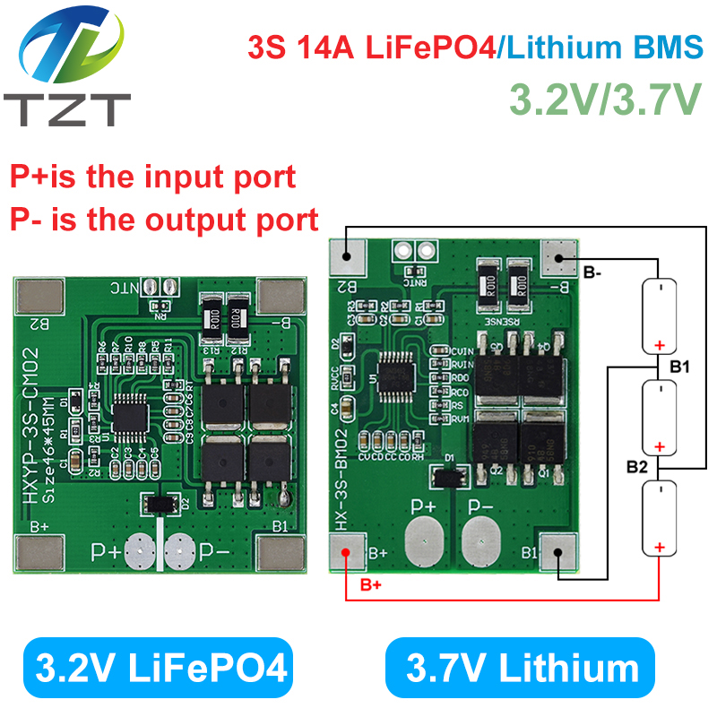 TZT 3S 9.6V 11.1V 12.6V Lifepo4 Li-ion Lipo Lithium Battery Protection Board 18650 BMS 14A limit 20A PCB 4 Cell Pack PCM