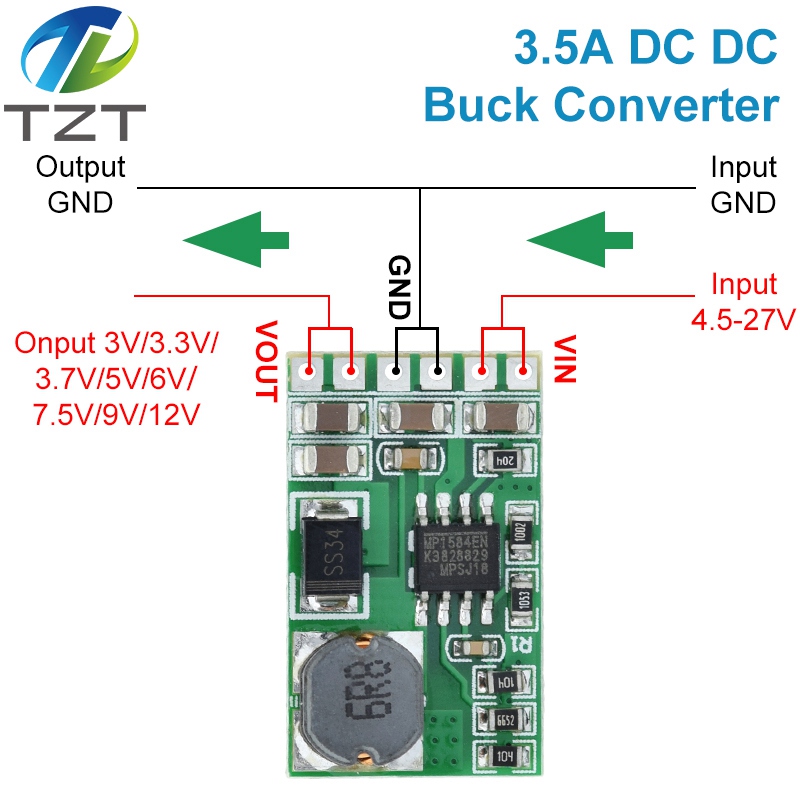 TZT 3.5A DC-DC Converter Module Buck Step-Down Voltage Regulator Board 4.5V-27V to 3V 3.3V 3.7V 5V 6V 7.5 9V 12V DD2712sa