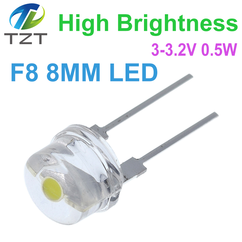 TZT NEW F8 8mm 0.5W 3.0-3.2V Straw hat LED White Super bright LED lamp Wide Angle Transparent LED Lamp Strawhat LED