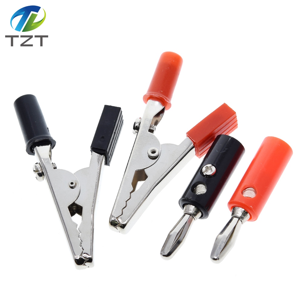 TZT 1set Insulated Crocodile Clips Plastic Handle Cable Lead Testing Metal Alligator Clips Clamps 52mm Length + 4mm Banana Plug