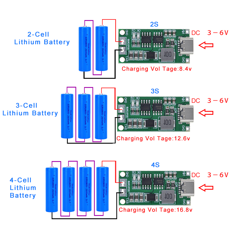 TZT Multi-Cell 2S 3S 4S Type-C To 8.4V 12.6V 16.8V Step-Up Boost LiPo Polymer Li-Ion Charger 7.4V 11.1V 14.8V 18650 Lithium Battery