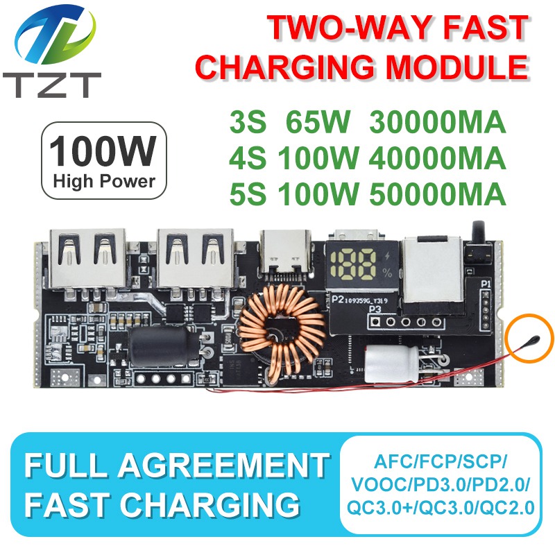 TZT QC4.0 QC3.0 LED Dual USB PD Fast Charge 5A 100W Micro/Type-C USB Mobile Power Bank 18650 Charging Module Temperature Protection