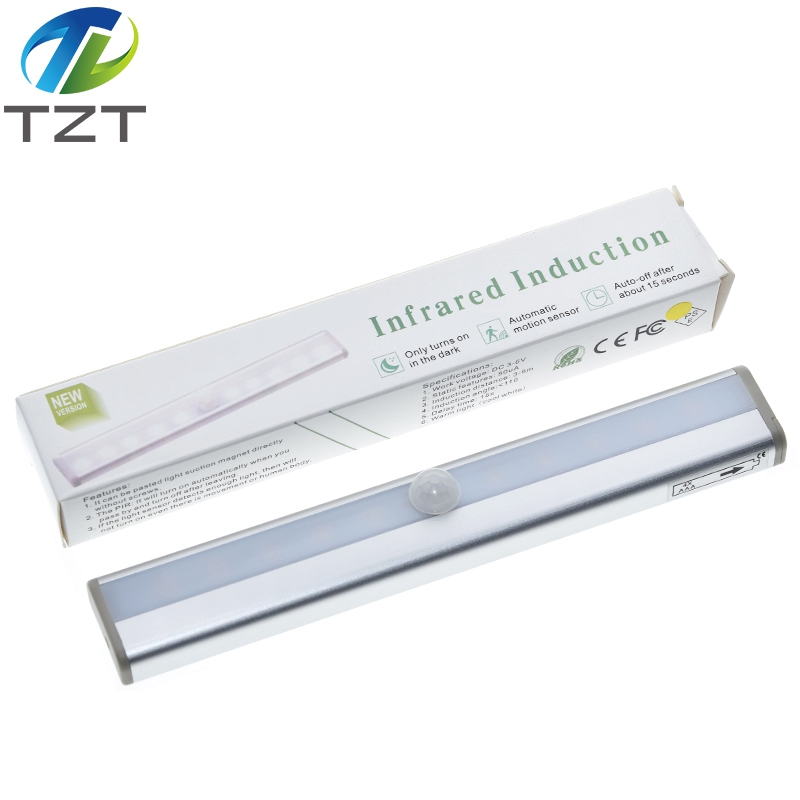TZT Motion Sensor Night Light Potable 10 Led Closet Lights Battery Powered Wireless Cabinet Ir Infrared Motion Detector Wall Lamp