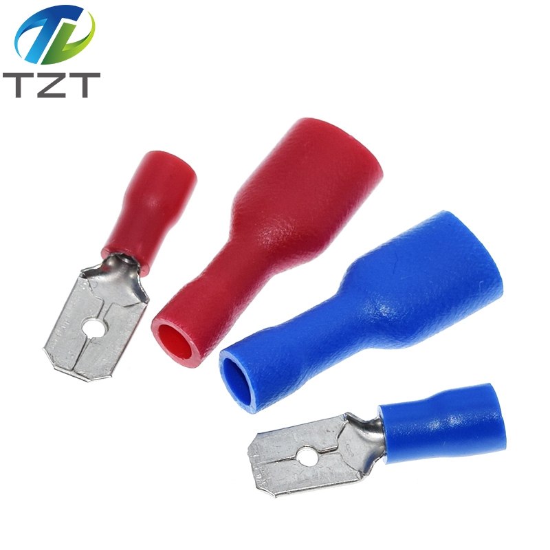 TZT 1pairs 6.3mm 16-14AWG Female Male Electrical Wiring Connector Insulated Crimp Terminal Spade Blue Red FDFD2-250 MDD2-250