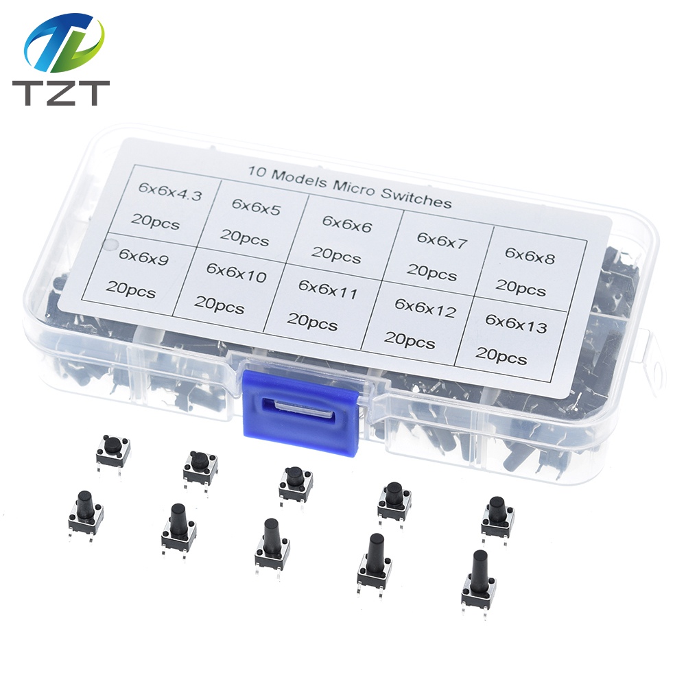 TZT 10 models 200pcs 6*6 Tact Switch Tactile Push Button Switch Kit, Height: 4.3MM~13MM DIP 4P micro switch 6x6 Key switch