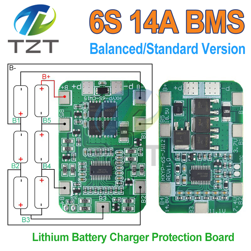 TZT 6S 22.2V 25.2V 14A 20A 18650 Li-ion Lithium Battery Charger Protection Board with Balanced PCB BMS 6 Pack Cells Module