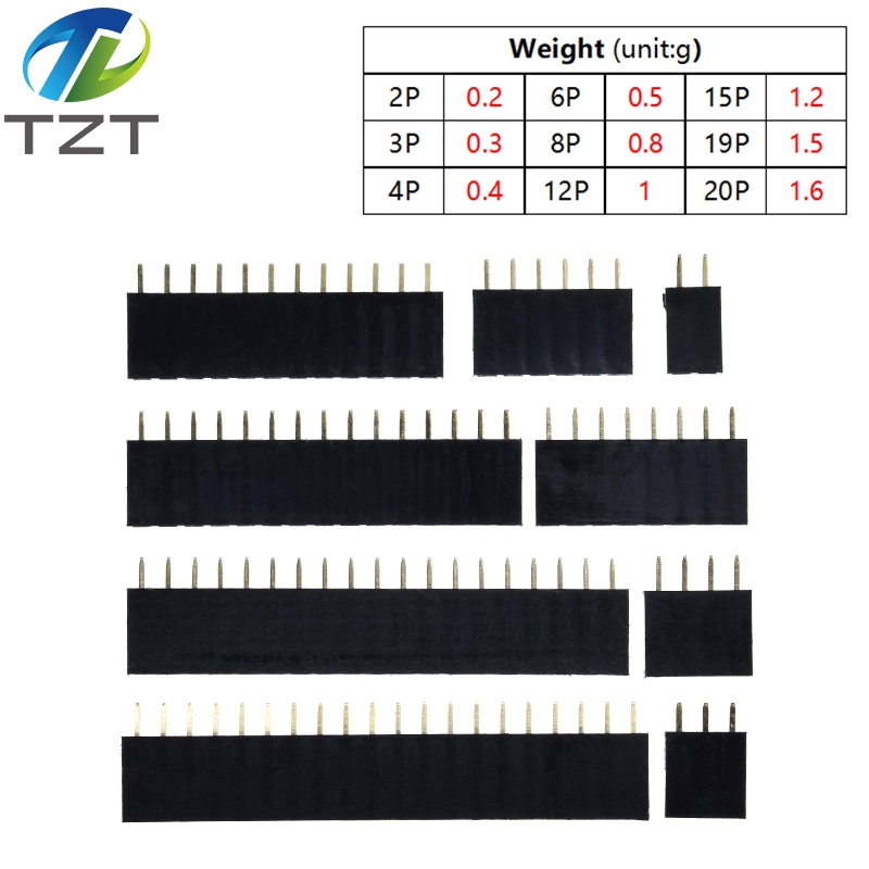 TZT  Single Row Pin Female Header Socket Pitch 2.54mm 1*2P 3P 4P 6P 8P 12P 15P 20P 40P Pin Connector For Arduino