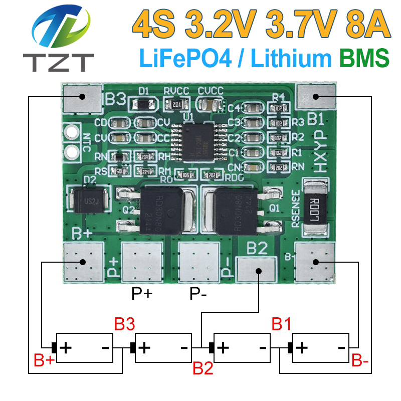 TZT BMS 4S 3.2V 3.7V 8A LiFePO4 / Lithium Battery Charge Protection Board 12.8V 14.4V 18650 32650 Battery Packs 20A Current Limit