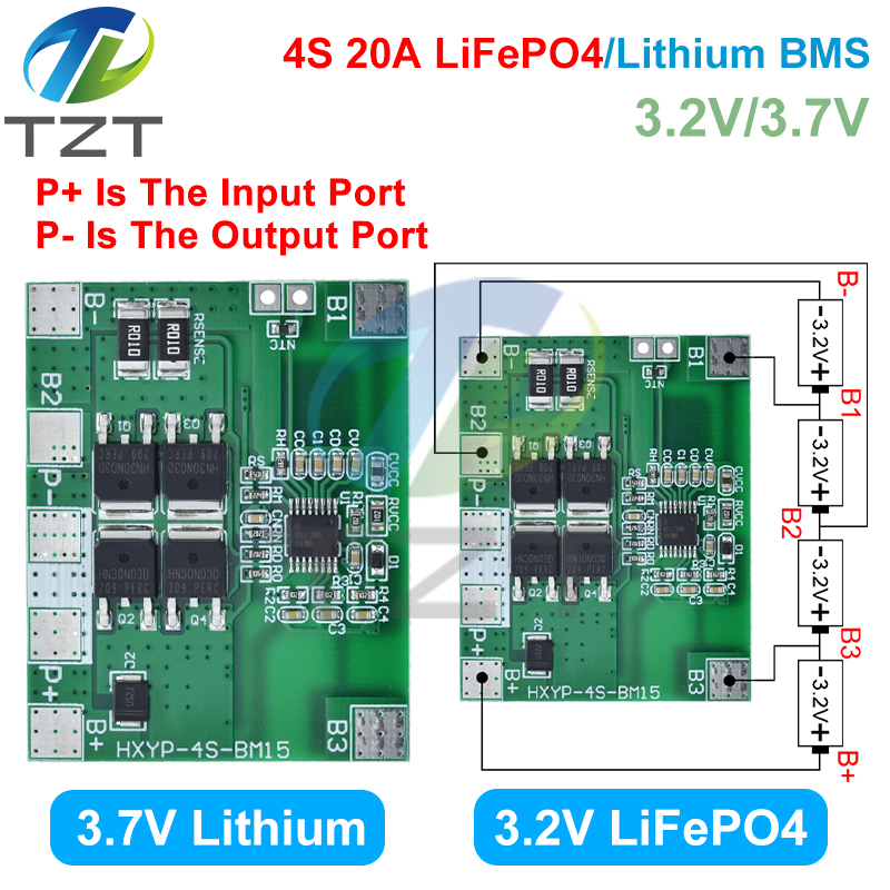 TZT 4S 12.8V 14.4V 16.8V Lifepo4 Li-ion Lipo Lithium Battery Protection Board 18650 BMS 14A limit 20A PCB 4 Cell Pack PCM 3.2V 3.7V