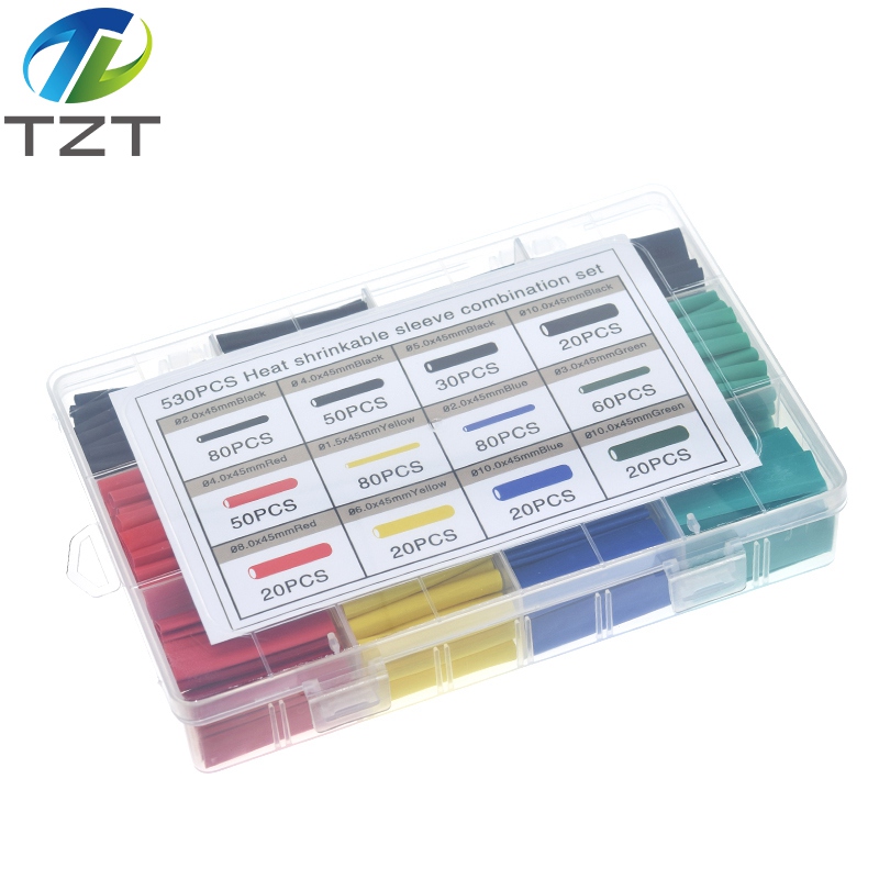 TZT 530pcs Heat Shrink Tubing Insulation Shrinkable Tube Assortment Electronic Polyolefin Ratio 2:1 Wrap Wire Cable Sleeve Kit IC