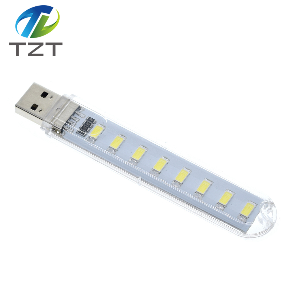 TZT Mini Protable USB Night light 8leds 5730 SMD Book lights 5V For PC Laptops Computer Mobile Power Camping lamp  white color