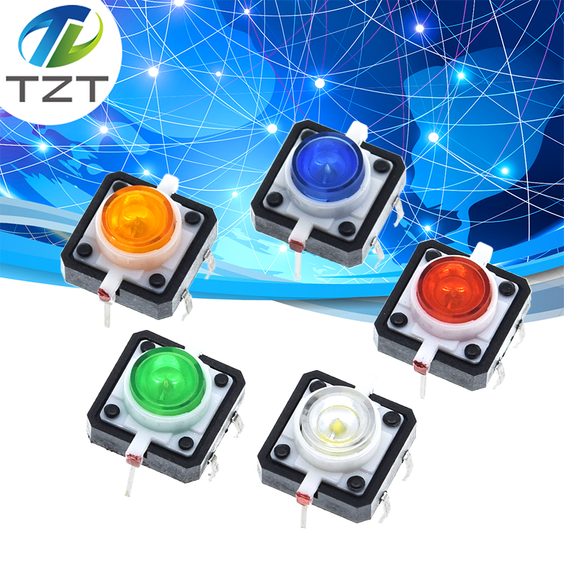 1PCS 12X12 Tactile Push Button Switch Momentary Tact LED Red Green Blue Yellow White 12*12*7.3mm