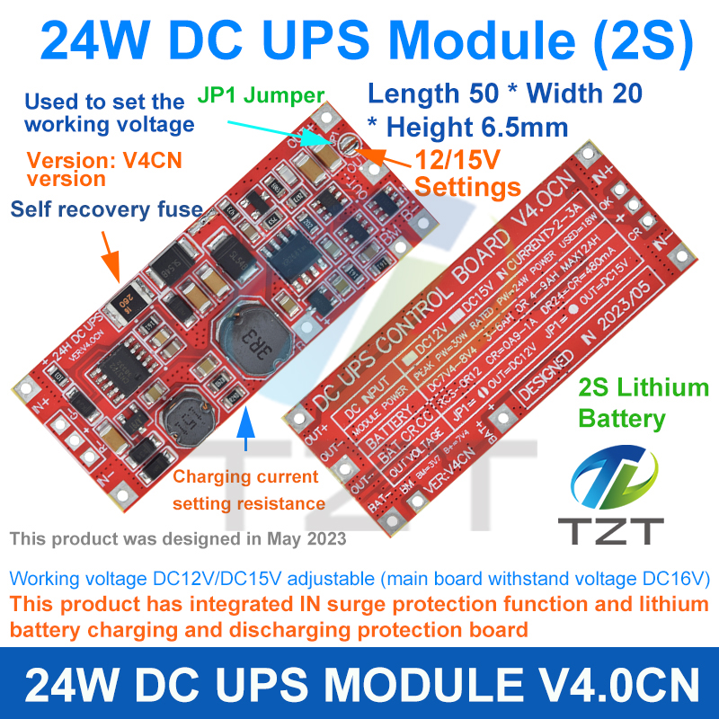 TZT DC 12V/15V 24W 1A UPS Power Supply Module Uninterruptible Power Control Board 2S V4.0CN Charging Step Up Protection Module