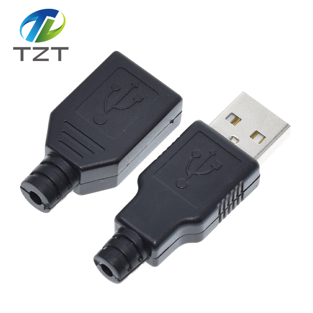 TZT Type A Male USB 4 Pin Plug Socket Connector +Type A Female USB 4 Pin Plug Socket Connector With Black Plastic Cover